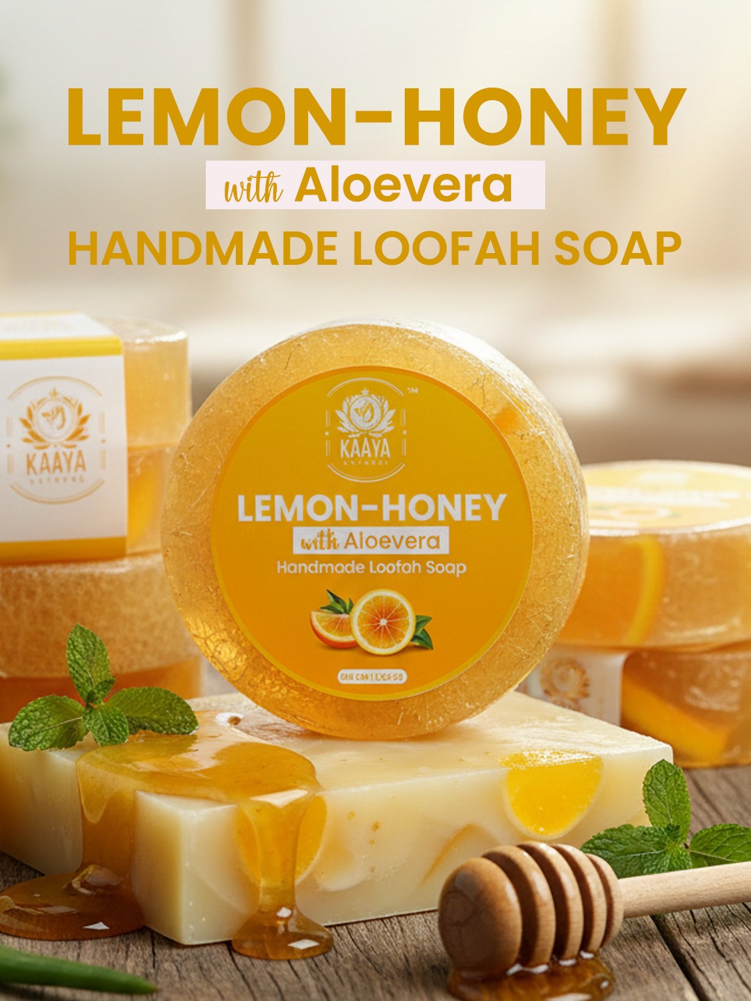 Kaaya Natural Lemon & Honey Handmade Loofah Soap - 100 GM - Image 2