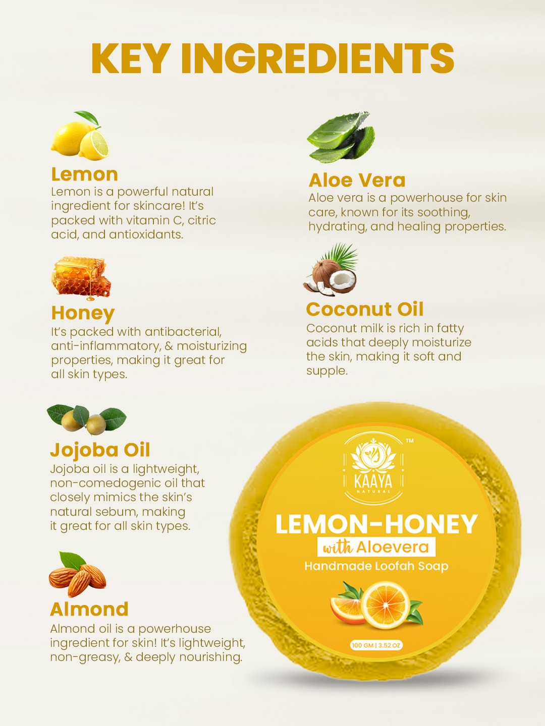 Kaaya Natural Lemon & Honey Handmade Loofah Soap - 100 GM - Image 3