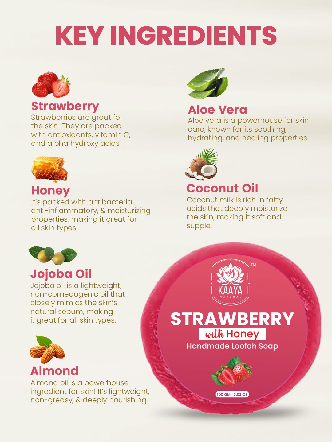 Kaaya Natural Strawberry & Honey Handmade Loofah Soap - 100 GM - Image 3