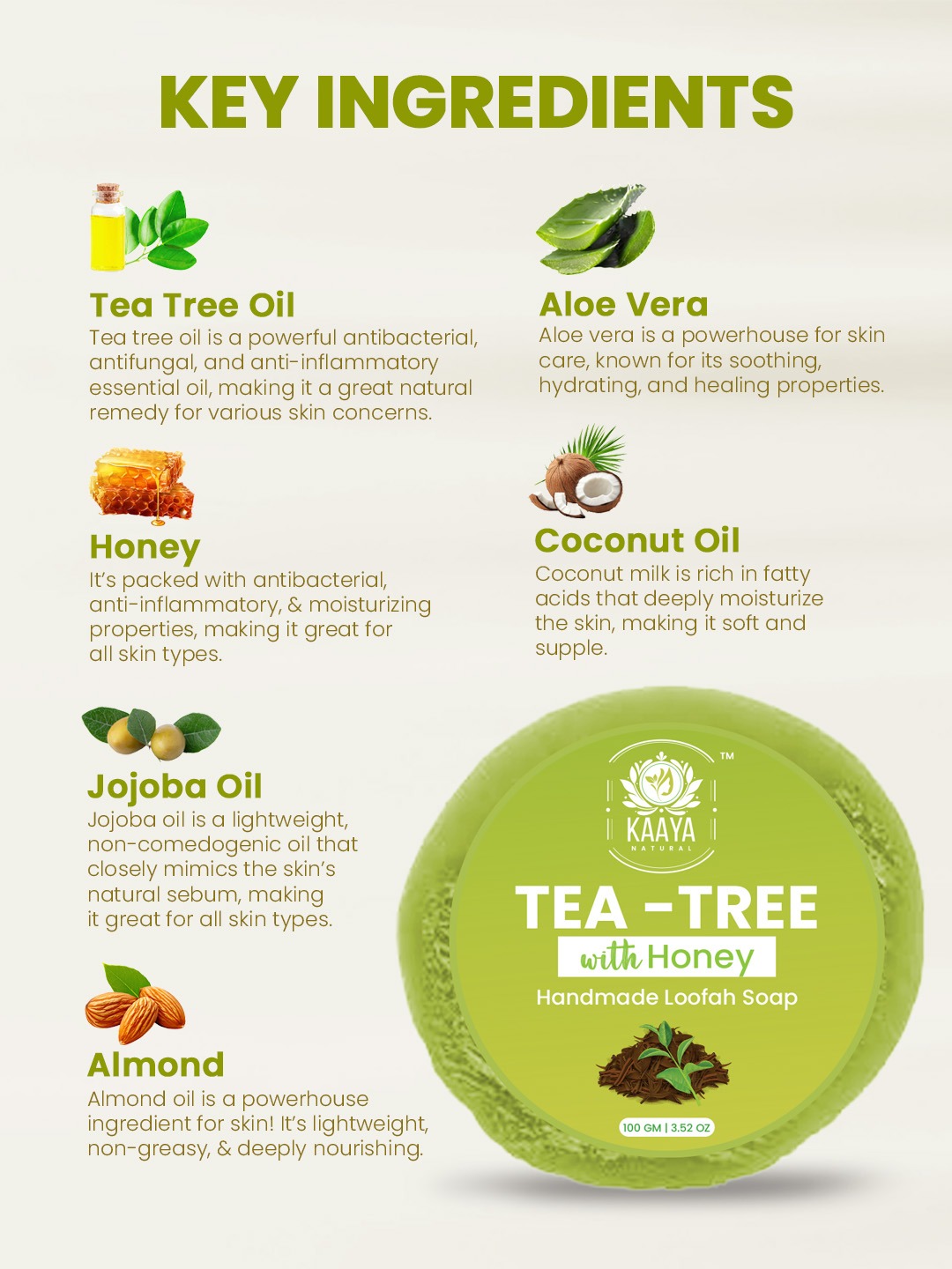 Kaaya Natural Tea Tree & Honey Handmade Loofah Soap - 100 GM - Image 3