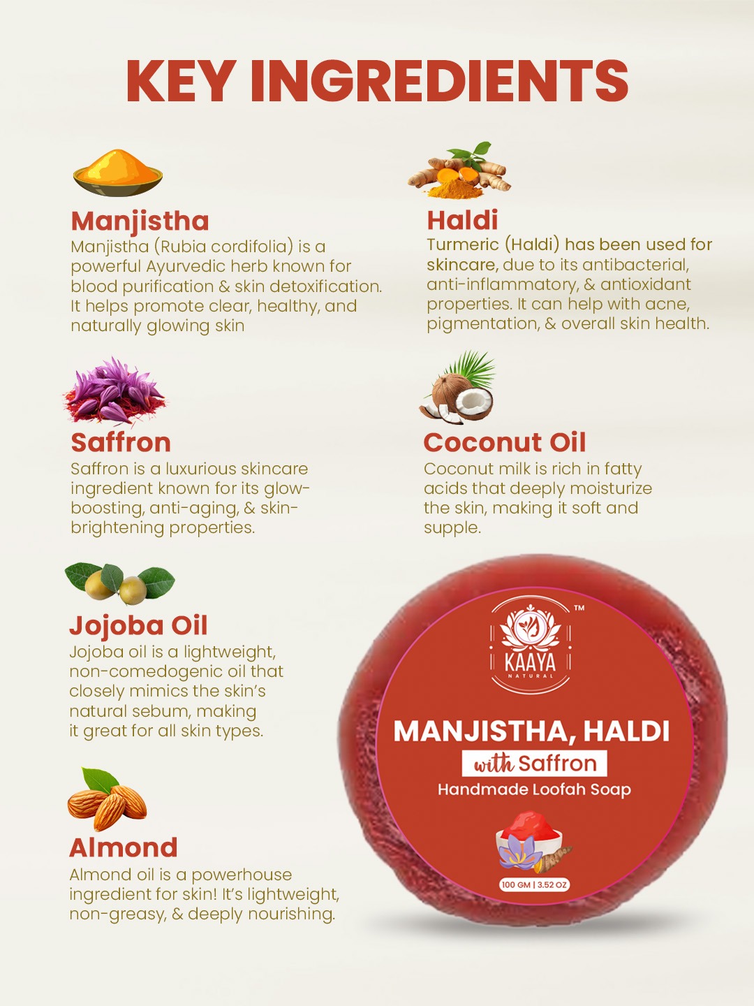 Kaaya Natural Manjistha, Haldi & Saffron Handmade Loofah Soap - 100 GM - Image 3
