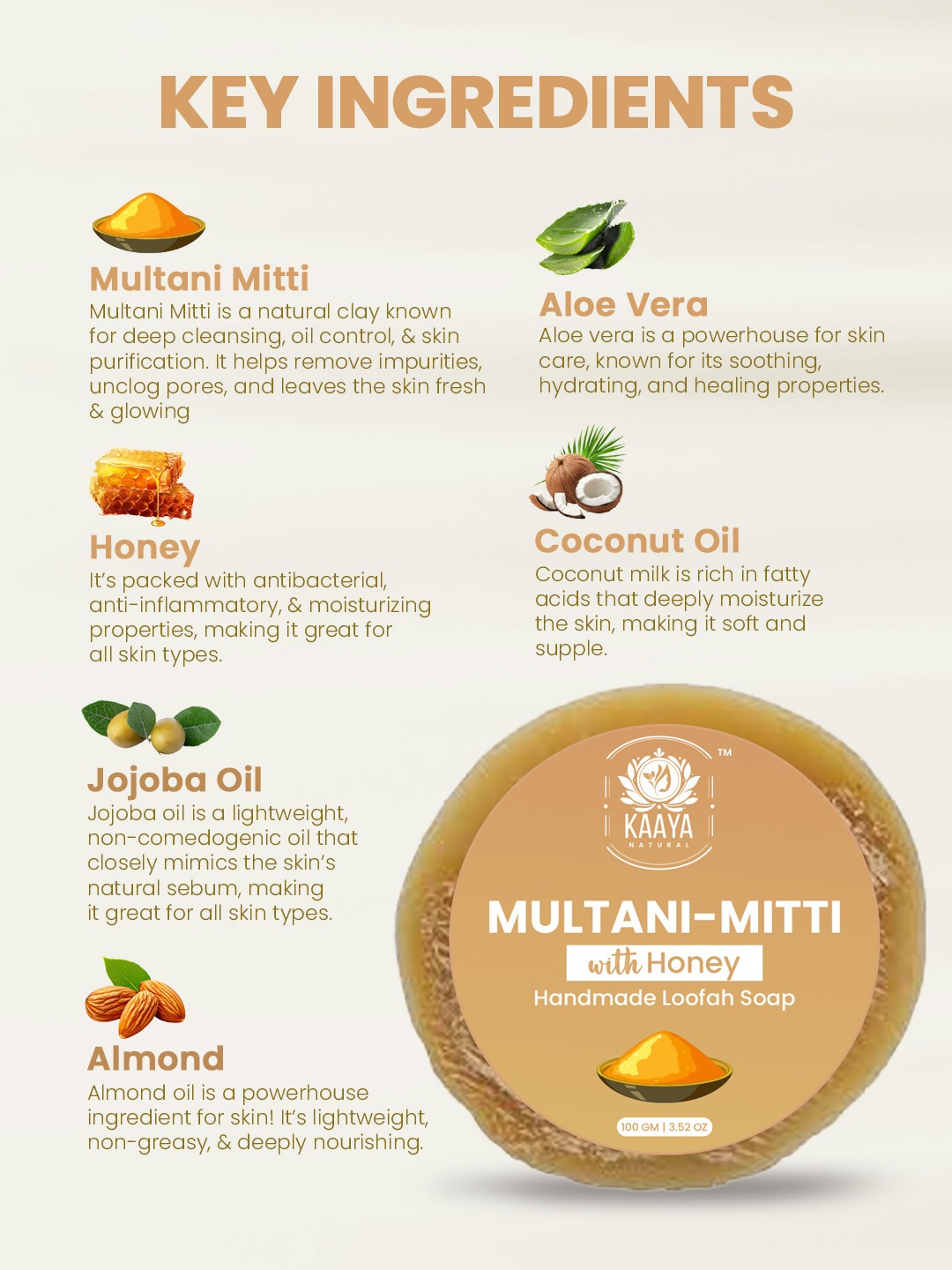 Kaaya Natural Multani Mitti & Honey Handmade Loofah Soap - 100 GM - Image 3