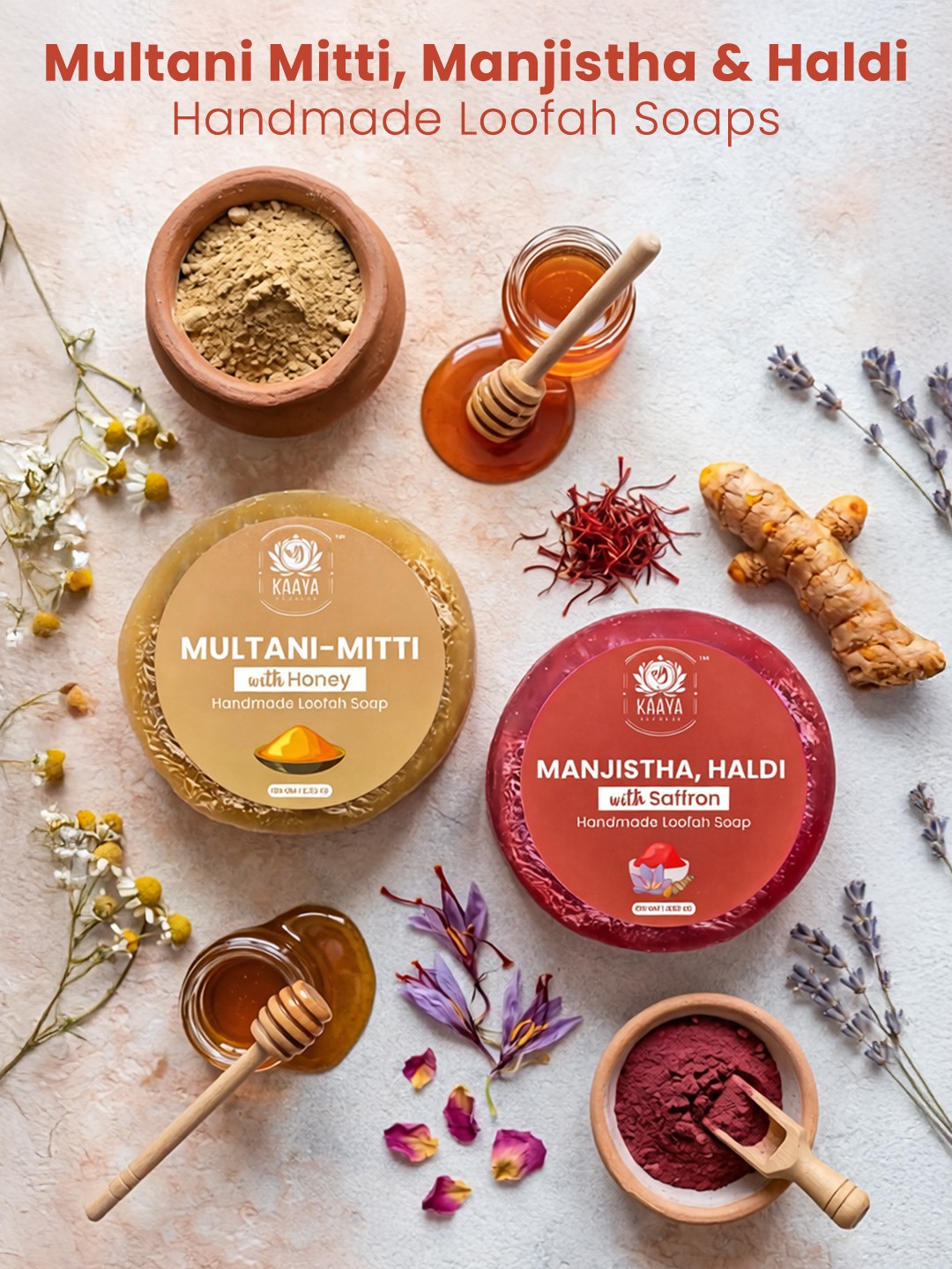 Kaaya Natural Multani Mitti, Manjistha, Haldii with Saffron & Honey Handmade Loofah Soap - 100 Gm | Pack of 2 - Image 2