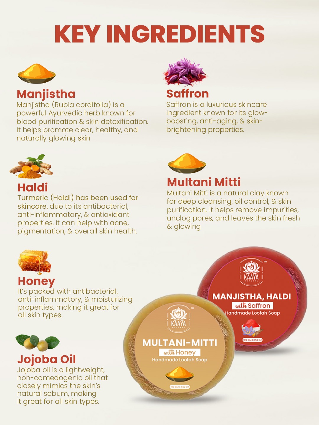 Kaaya Natural Multani Mitti, Manjistha, Haldii with Saffron & Honey Handmade Loofah Soap - 100 Gm | Pack of 2 - Image 3