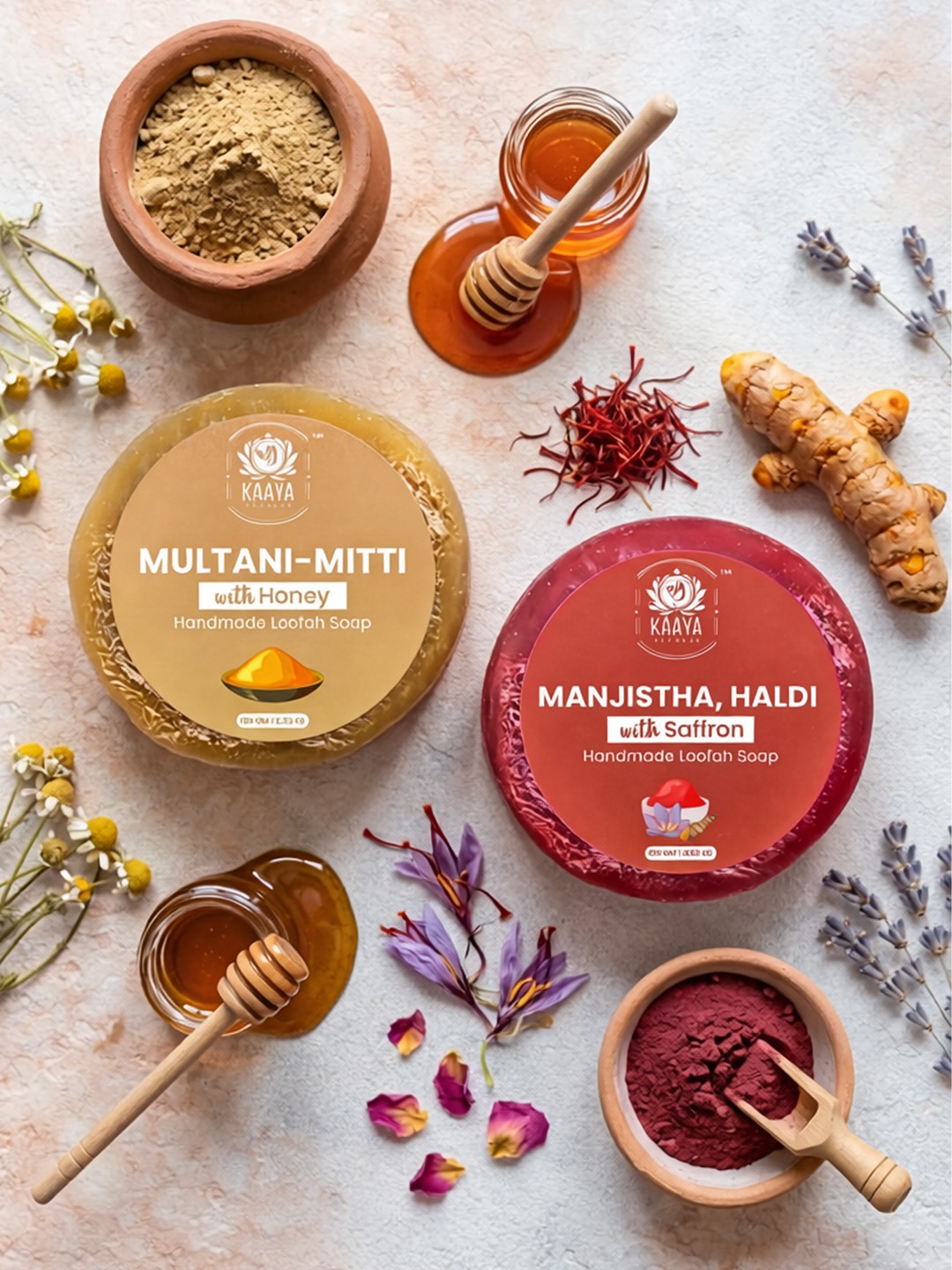 Kaaya Natural Multani Mitti, Manjistha, Haldii with Saffron & Honey Handmade Loofah Soap - 100 Gm | Pack of 2 - Image 4