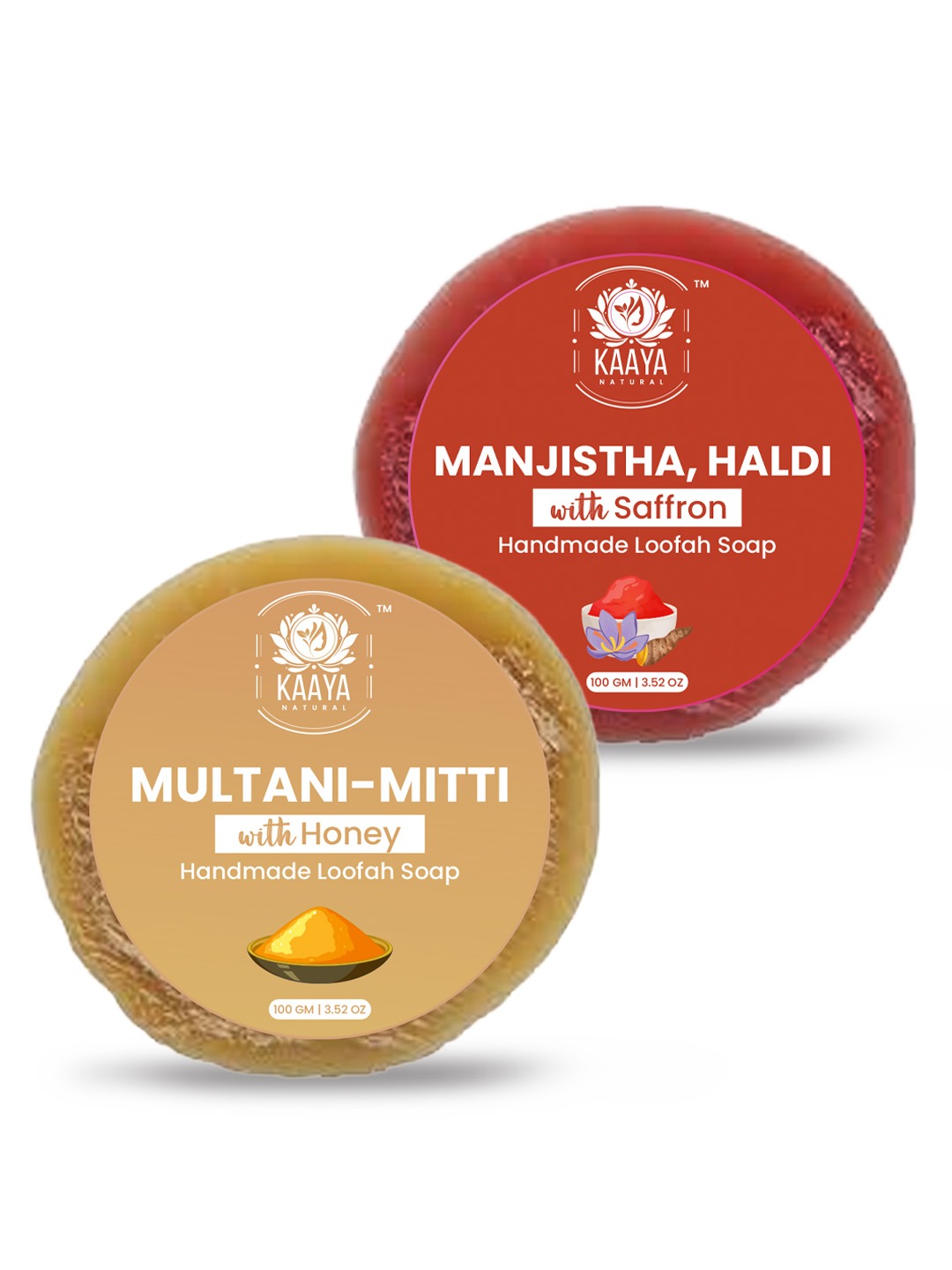 Kaaya Natural Multani Mitti, Manjistha, Haldii with Saffron & Honey Handmade Loofah Soap - 100 Gm | Pack of 2